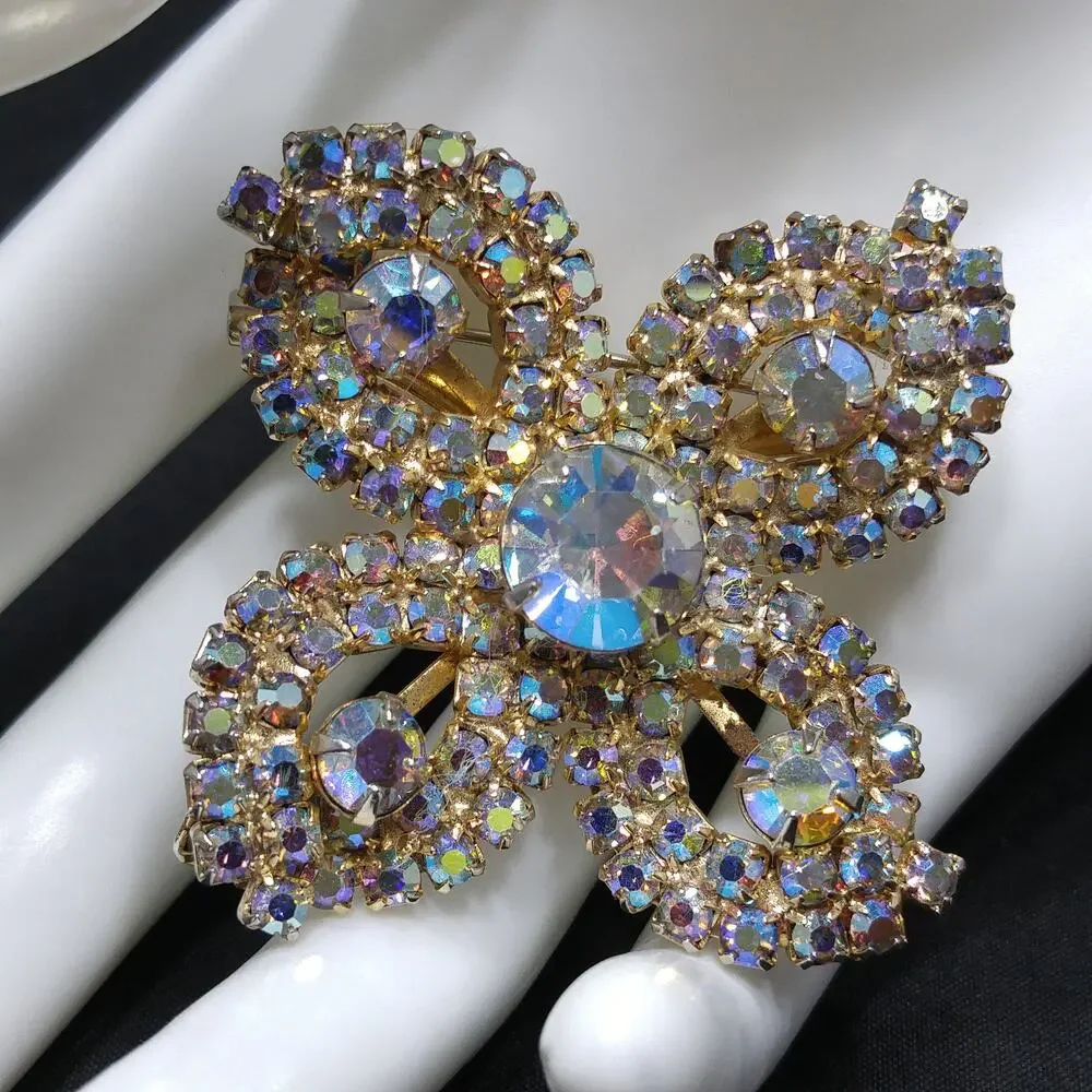 Rhinestones Aurora Borealis Flower Brooch, Gold Plated, 1960s Vintage Jewelry